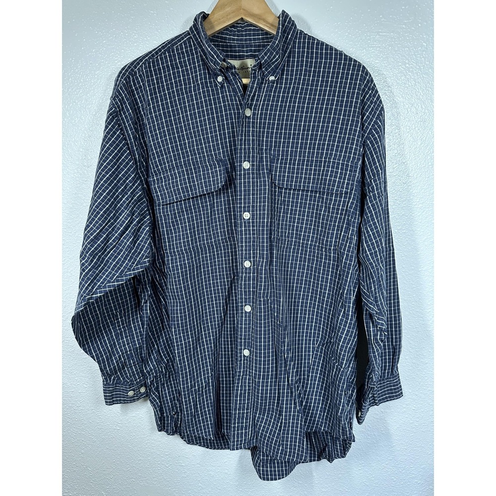 Eddie Bauer Shirt Mens Medium Blue White Plaid Button‎ Up Pocket Outdoors Cotton